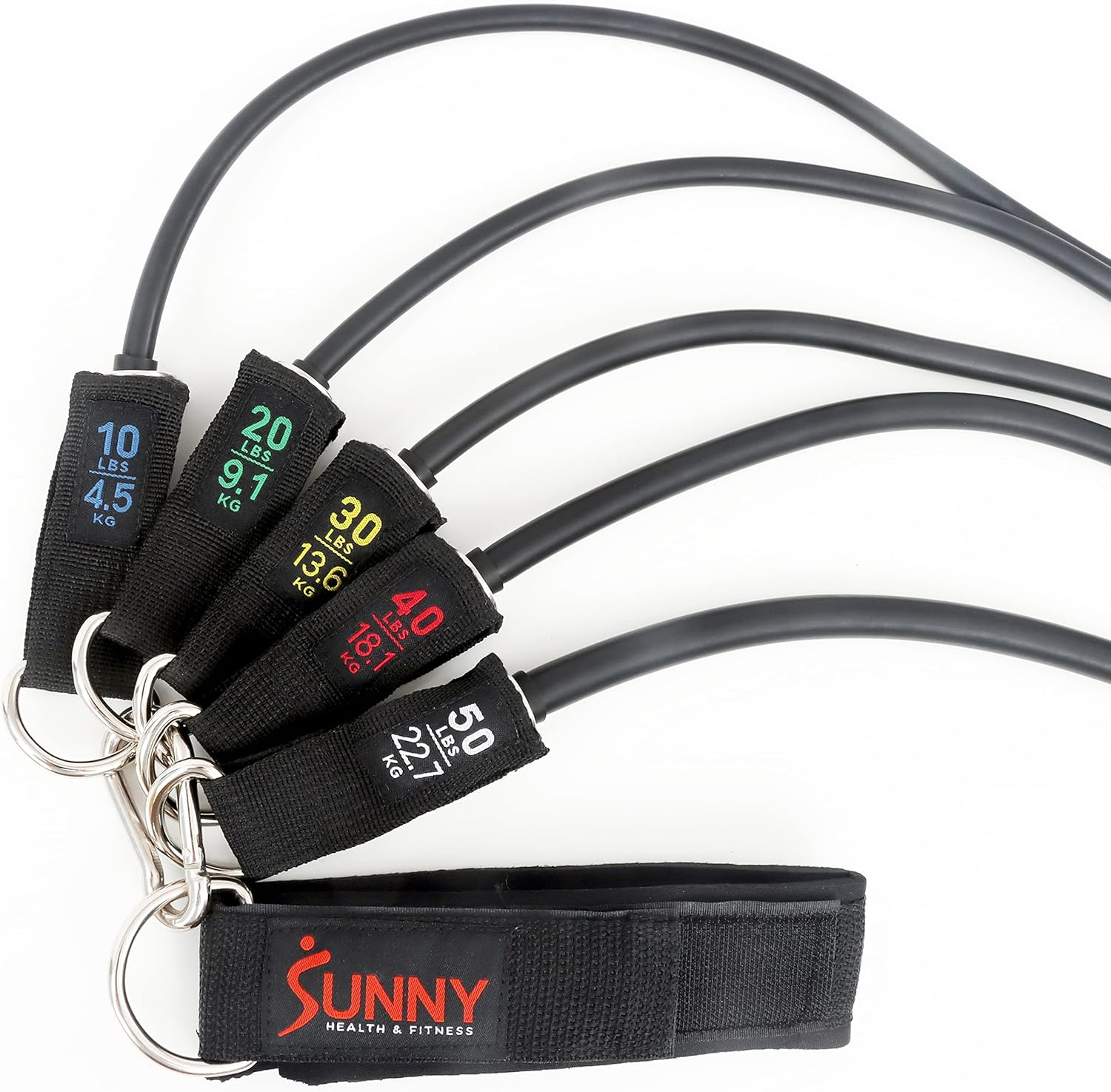 Sunny Health & Fitness Premium Resistance Band Set with Door Anchors, Wrist Straps, Handles Carry Bag Optional Padded Ankle Straps (Pair) for Strength Training, Booty Workout, Lower Body Exercises image number 2