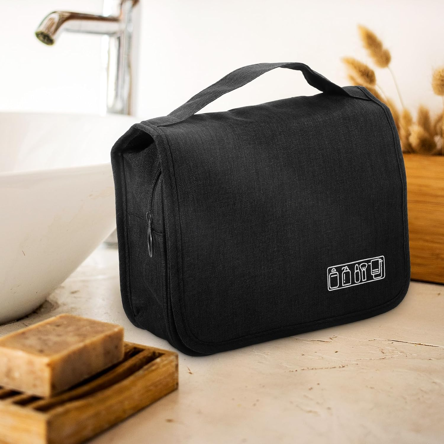 PHENOFICE Large Capacity Travel Hanging Toiletry Bag with Multiple Pockets and Hook, Compact Black Cosmetic Organizing Bag for Men and Women, Portable Zipper Makeup and Skincare Organizer