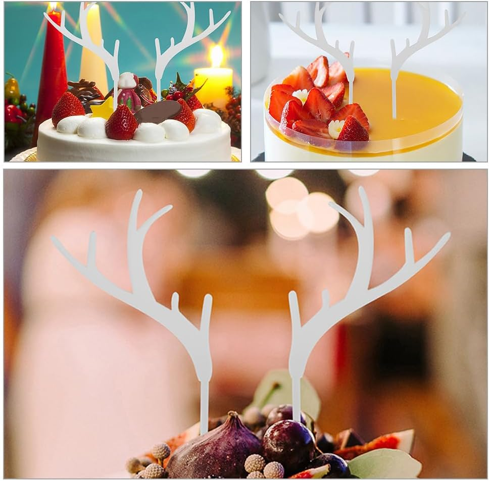 LUOZZY 32Pcs Antler Cupcake Toppers Acrylic Elk Horn Cake Toppers Christmas Dessert Picks for Xmas Party Supplies - Gold