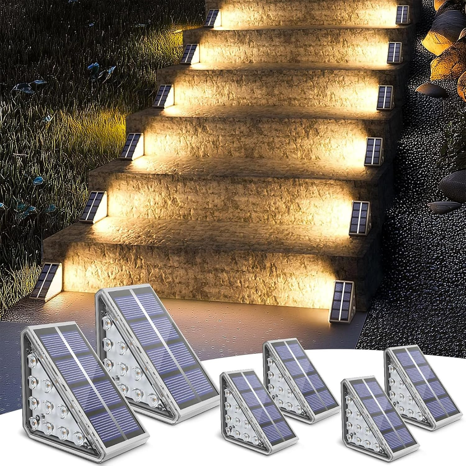 6 Pack Solar Outdoor Step Lights Triangle IP67 Waterproof Auto on off Decoration Deck Lights for Patio Yard, Driveway, Porch, Front Door, Sidewalk,Warm White image number 4