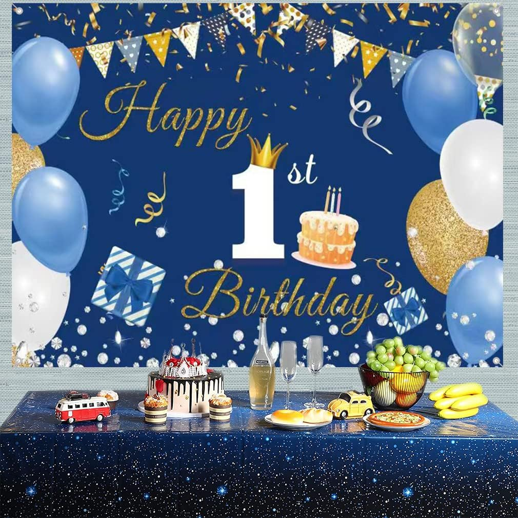 1St Birthday Decorations Happy 1St Birthday Backdrop Party Banner for Boys/Girls Happy 1 Year Old Fabric Sign Poster, Blue Photography Background First Birthday Party Supplies, 59"X35.4" image number 5