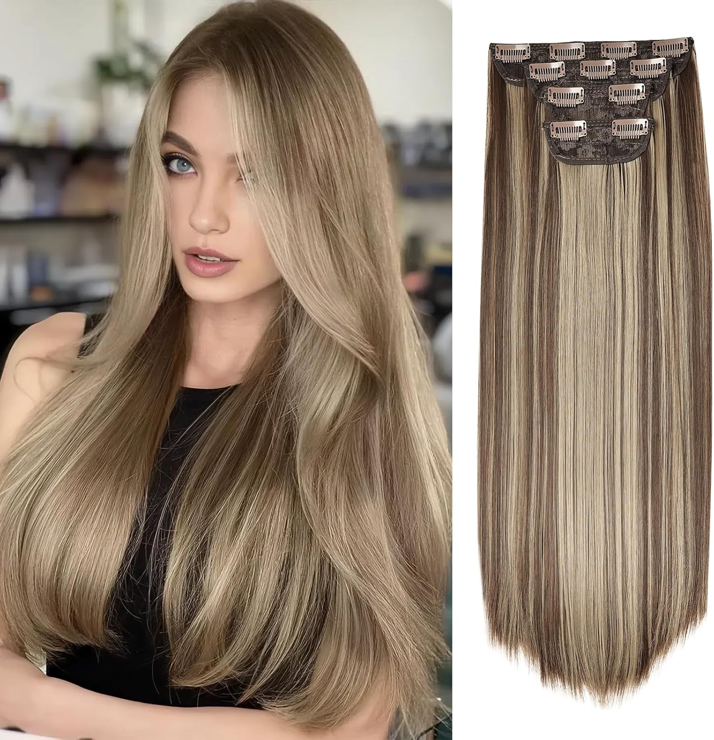 QUEENTAS 4Pcs Long Straight Black Clip in Hair Extensions for Women, Natural & Good Connectivity Hair Extensions Clip In(22Inch, 1B)