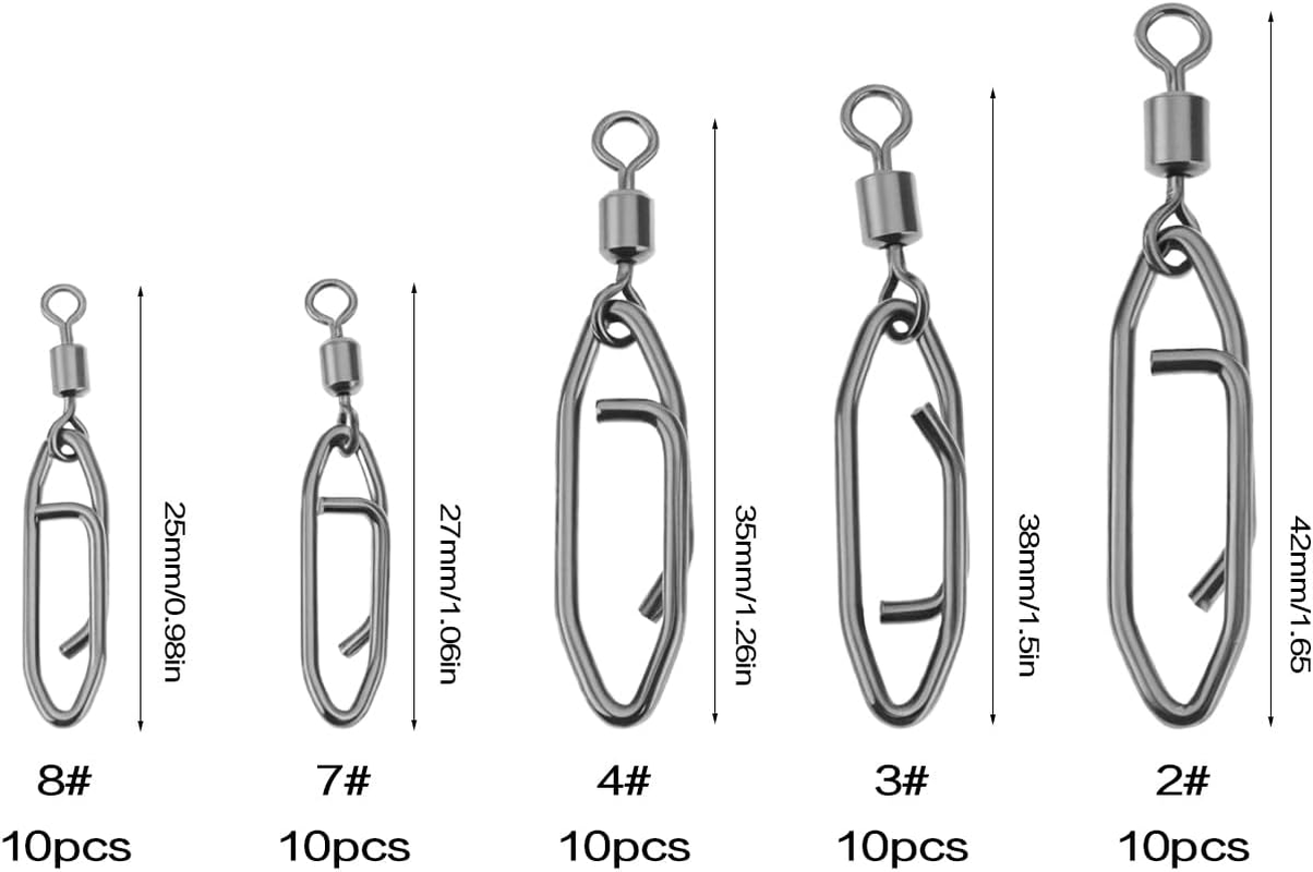 OTOTEC 50Pcs 360 Degree Smooth Rotation Stainless Steel Fishing Clips with Barrel Swivel Quick Change Speed Clip Snaps 2# 3# 4# 7# 8# image number 5
