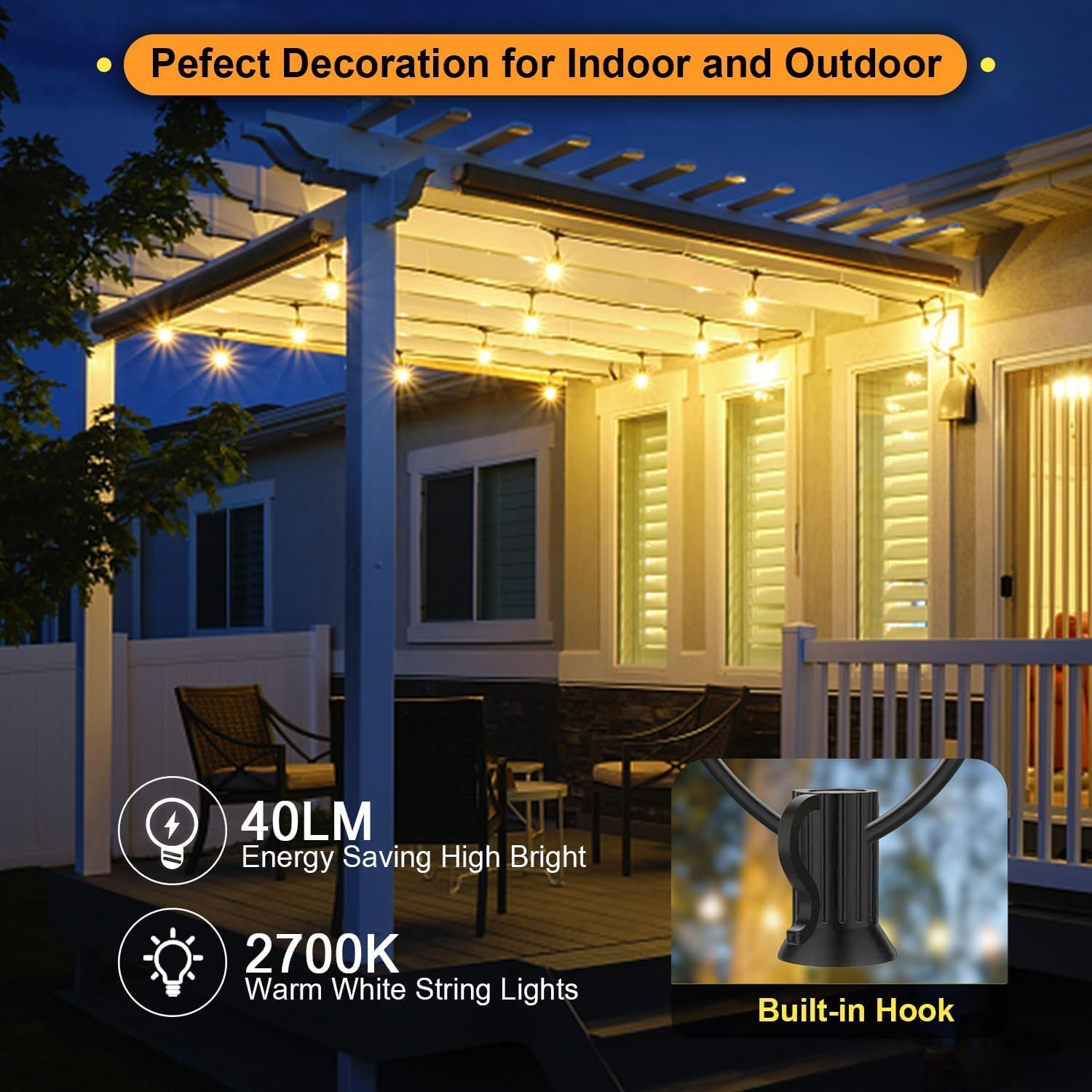 Necomi Festoon Lights Outdoor, 30M 50 Bulbs+2 Spares G40 LED Outdoor Lights, 【Shatterproof】 Waterproof Connectable Commercial Hanging Lights for Christmas Patio House Backyard Balcony Party (AU Plug) image number 3
