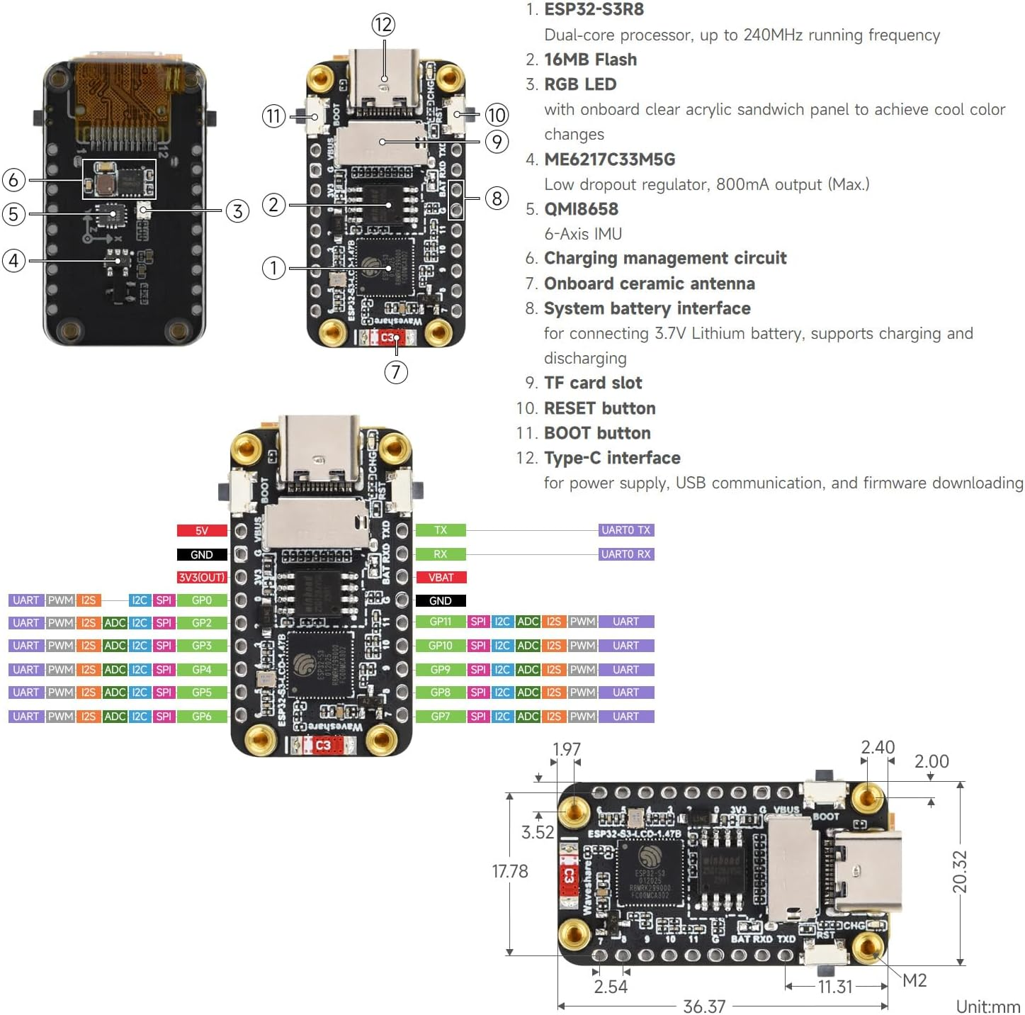 Waveshare ESP32-S3 1.47Inch LCD Display Development Board, 172&times;320 Resolution, 262K Display Color, Supports 2.4Ghz W-FI/BLE 5, 240Mhz LX7 Dual-Core Processor, ESP32 with Mini Display