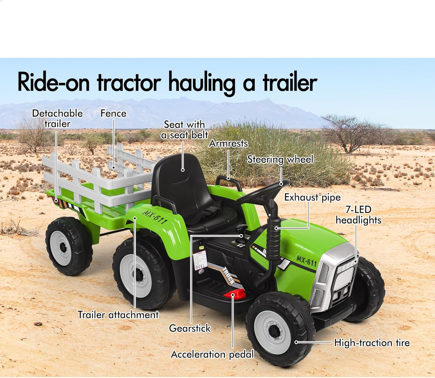 ALFORDSON Kids Ride on Car Tractor 12V Eletric Dual Motor, Car with Music Player & 7 Brilliant LED Headlights, Ride-On Design SUV Toy Vehicle for Toddler, Green - Blue image number 3