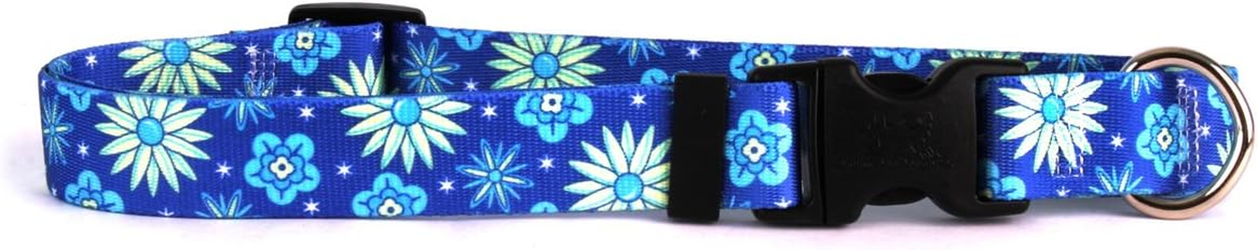 Yellow Dog Design Teal Flowers Dog Collar with Tag-A-Long ID Tag System-Large-1" Wide and Fits Neck 18 to 28"