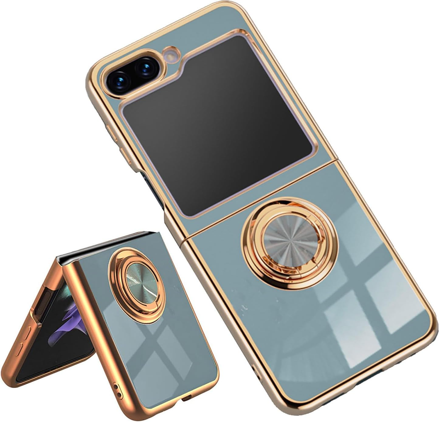 ILING Case for Samsung Galaxy Z Flip 7 5G (Z Flip7 5G) with 360 Degree Ring Stand, Luxury Galvanised Gold Trim, Soft TPU Silicone, Shockproof Protective Case, Ultra Thin Women'S Mobile Phone Case