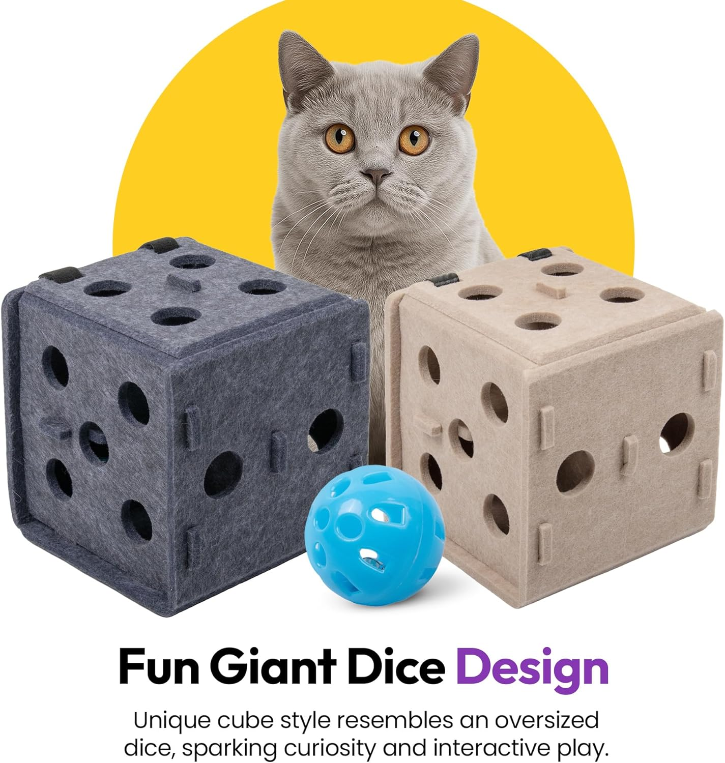 PURRZ Dice-Shaped Felt Cat Toy &ndash; Interactive Cube Play Box for Cats & Kittens &ndash; Durable Polyester Felt with Paw Holes & Internal Bell Ball, Puzzle Toy for Cats (Grey) image number 6
