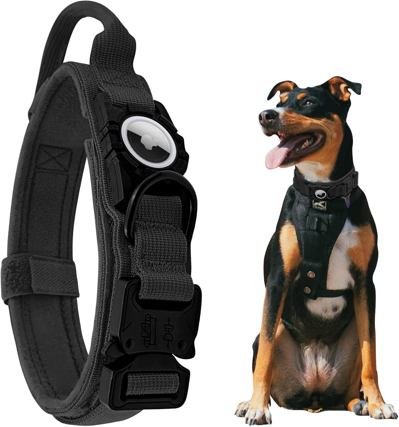 For Airtag Dog Collar - Tactical, Heavy Duty, Adjustable GPS Dog Collar Compatible with Airtag, with Holder & Control Handle for Large Dogs, Double Locking Metal Carabiner [Black,