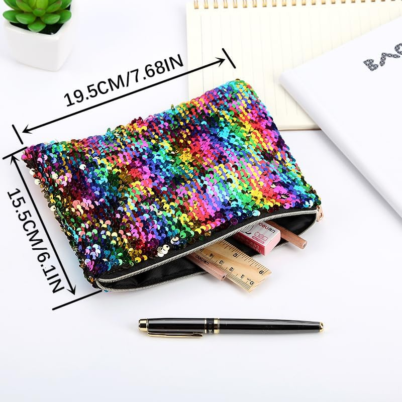 Aoozleny Double-Sided Glitter Pencil Case Reversible Sequin Zipper Pencil Pouch for Cosmetic Makeup Organizer Bag Purse for Women (Colorful+Silver) image number 3