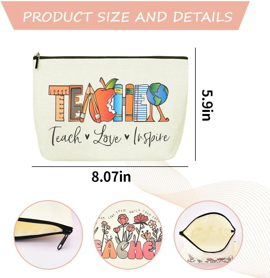 Teacher Inspirational Gifts Makeup Bag for Women Teacher Design with Teach Love Inspire Canvas Cosmetic Bags Travel Toiletry Pouches for Teachers Appreciation Back to School Christmas Birthday Gift image number 4