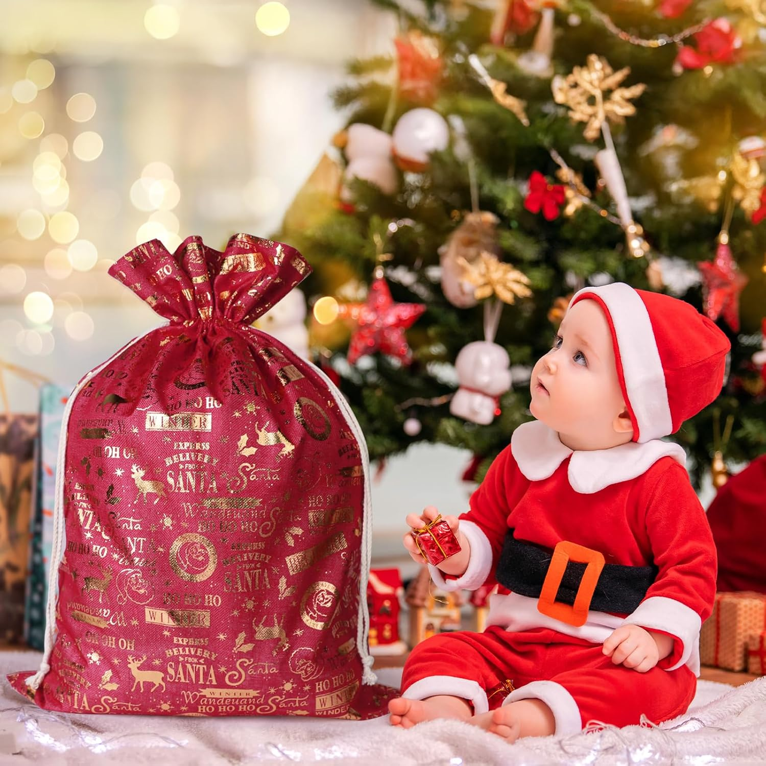 LIAN Santa Sack Christmas Bags Large Burlap Bag Bags with Drawstring Reusable Holiday Supplies Christmas Party Favors (50 * 70CM, Style 1) image number 4