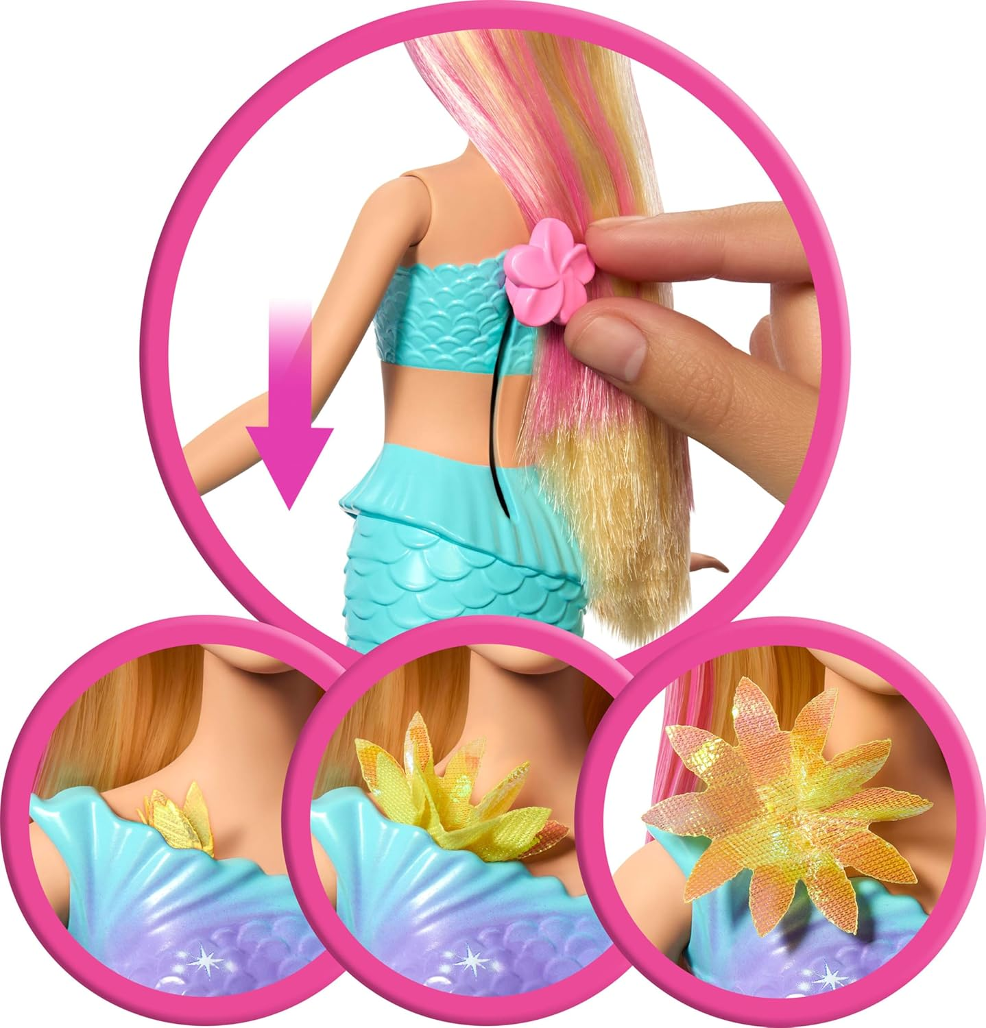 Barbie Mermaid Toy Dolls with Surprise Magic Blooming Flowers Feature, Ombre Tails, Pearl Headband Accessory & Long Blonde Hair with Pink Highlights image number 2