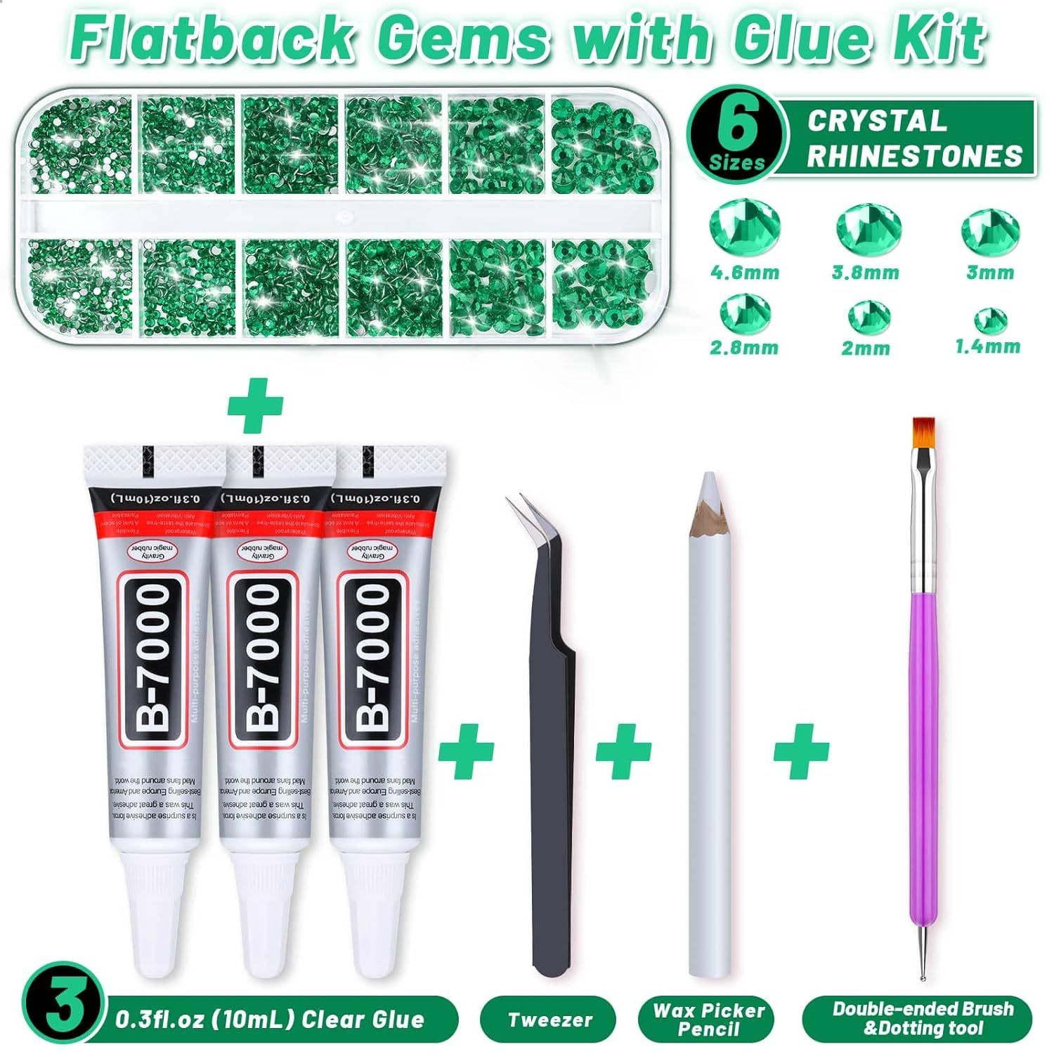 Audab B7000 Jewelry Adhesive with Rhinestones for Crafts, 2100Pcs Flat Back Gems Green Crystal Rhinestones with Tweezer Dotting Tools Gems Glue for DIY Clothes Fabric Shoes Make up Nail Art DAMN-0128 image number 4