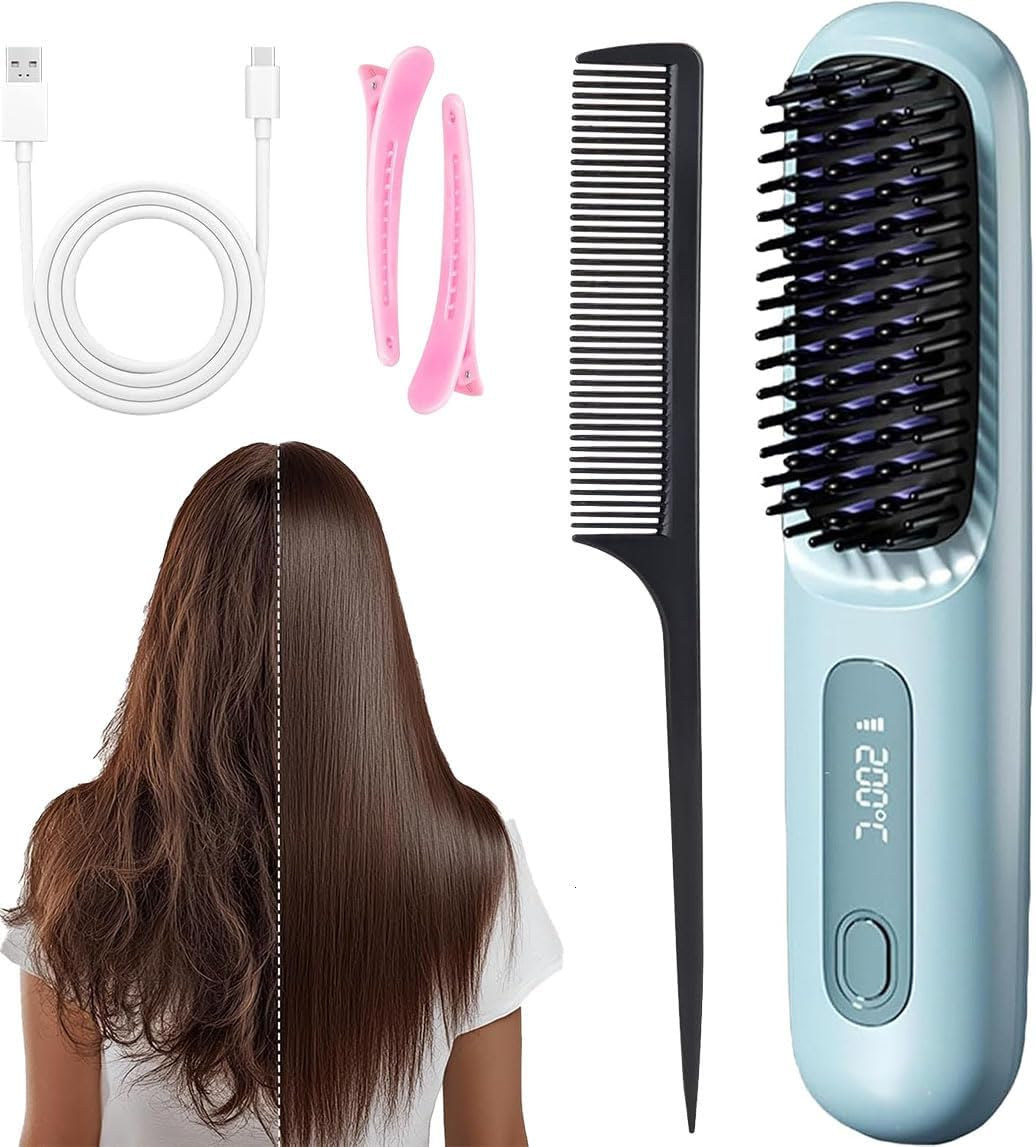 Portable Straightener Brush, Fast Heating Cordless Mini Hair Wave, Portable Mini Hot Comb with Negative Ions Smoother for Fast Heating Professional Salon at Home (Blue) image number 6