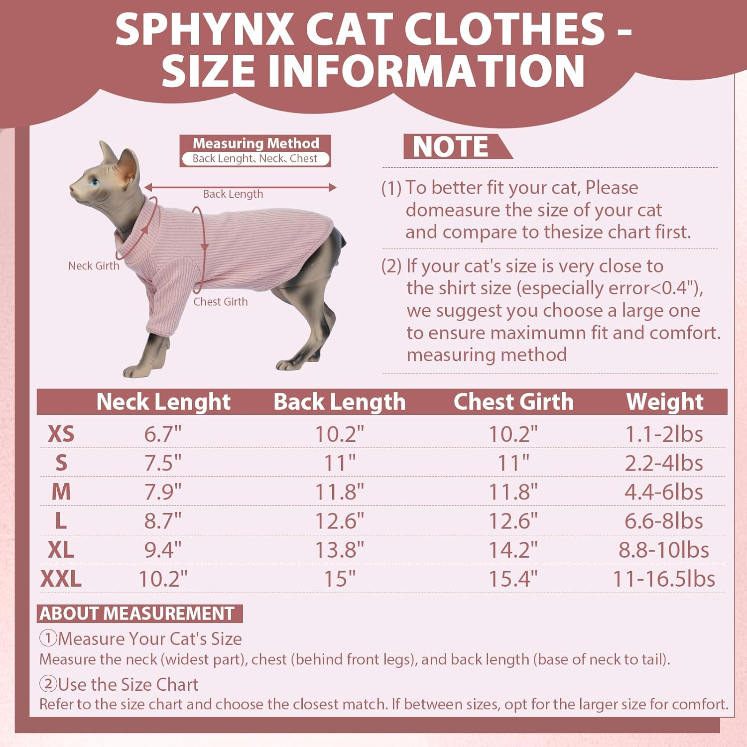 Hjyokuso Cat Clothes, Sphynx Cat Clothing, Cat Jumper Pink, Cat Jumpers for Cats Only, Kitten Clothes Jumper, Breathable Cat Pyjamas, Warm Cat Coat, Cat Sweater, Cat Vest for Sphynx,Cornish Rex - L image number 6