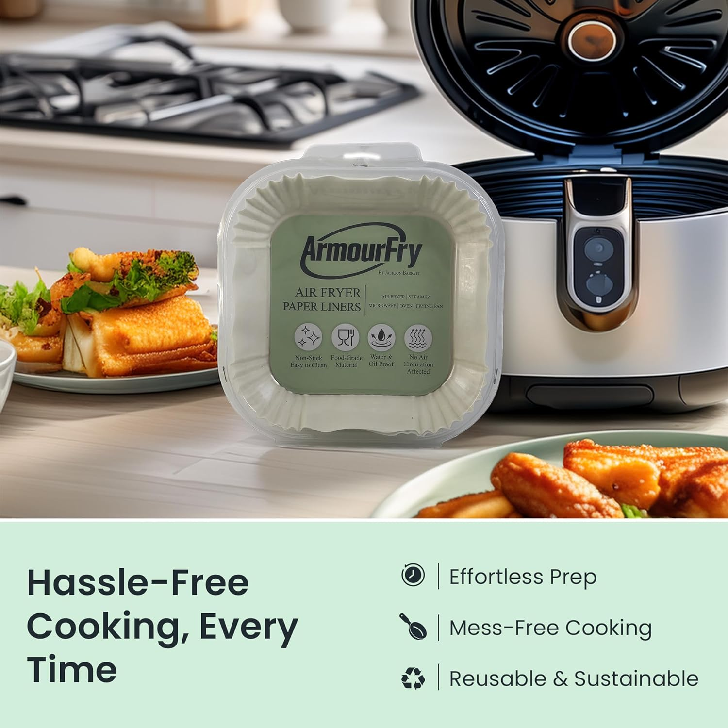 Armourfry Air Fryer Paper Liners &ndash; Non-Stick, Greaseproof, Biodegradable Disposable Liners for Clean & Healthy Cooking | Heat-Resident & Universal Fit for Most Air Fryer Models image number 3