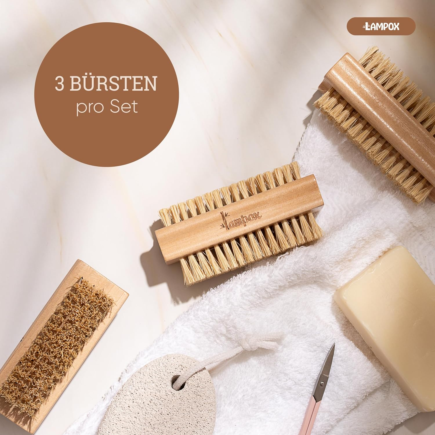 Lampox&reg; Wooden Nail Brush with Durable, Hard and Soft Bristles - Plastic-Free and Sustainable. Ideal as a Brush for Kids, Vegetable Brush, Root Brush, Finger Brush or Hand Wash Brush (3X)