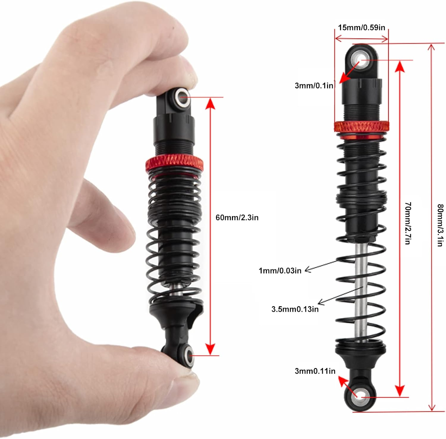 4Pcs RC Shock Absorbers, Aluminum Alloy Adjustable Dual-Spring Oil Damper Set for 1/10 Scale RC Crawler Car, Compatible with SCX10, Cc01(70Mm) image number 1