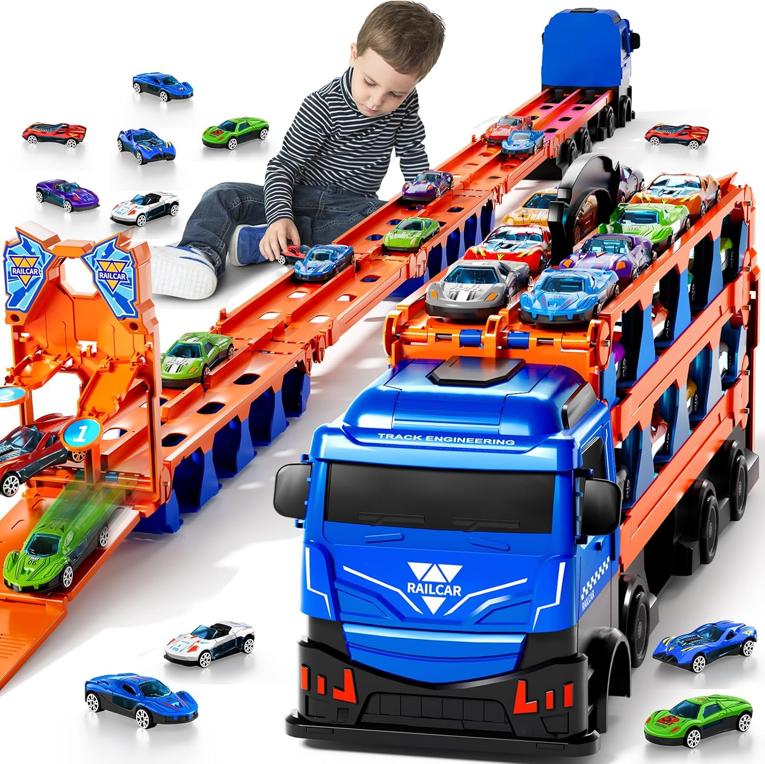 MSKOLER 78.7-Inch Race Cars Track Truck Toys for Boys 2 3 4 5 6 7 Years Old - Transport Carrier Trucks, Foldable Track Storage, Die-Cast Cars, for Toddlers & Kids Aged 3-5