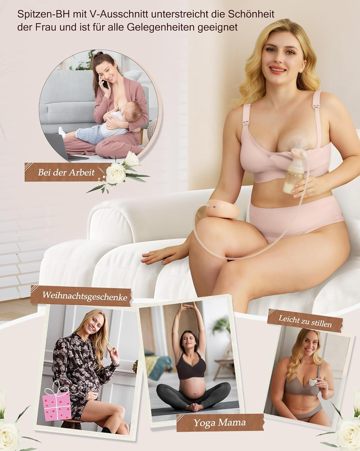 As Fairy Nursing Bra for Breastfeeding, without Underwire, Seamless Pregnancy Bra, Non-Wired Lace Nursing Bras, Ultra Comfort Pregnancy Sleep, Large Breasts, Nursing Bra, Pink (Pink Lace), S image number 2