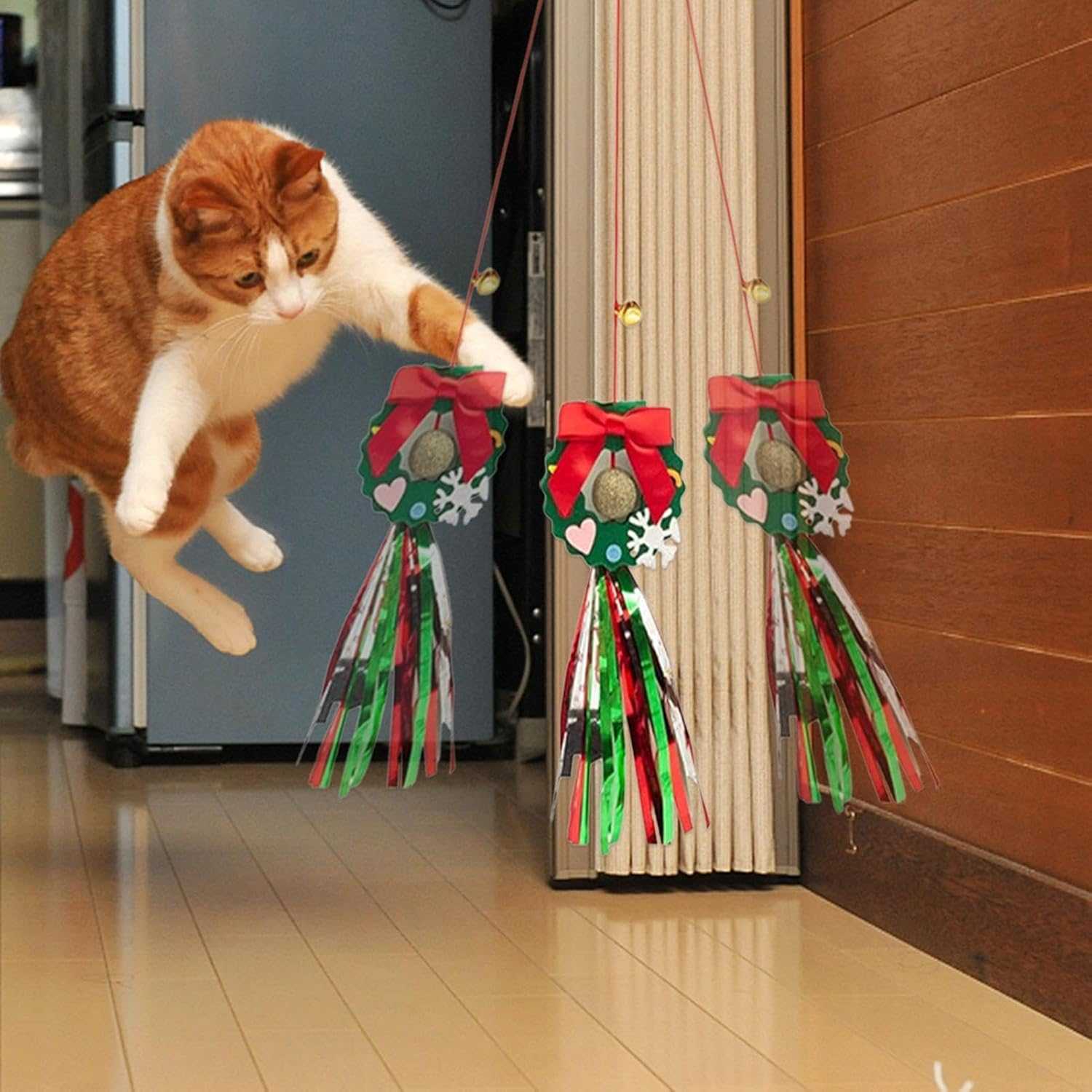 Christmas Cat Toys for Indoor Cats | Christmas Interactive String Feather Cat Toys | 2M Elastic Rope Hang Door Retractable Cat Toy for Indoor Cats Kitten image number 5