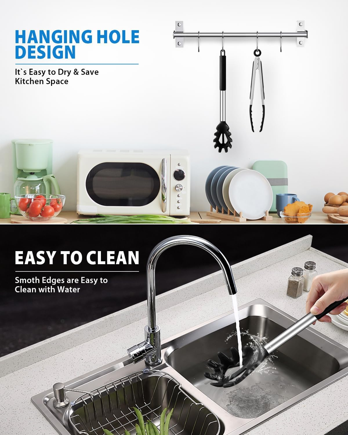 Spaghetti Spoon and Pasta Tong, Non-Stick Silicone Spoon Server Fork with Teeth and Stainless Steel Handle Spaghetti Tong, Food Clip for Spaghetti Noodle (BLACK) image number 3