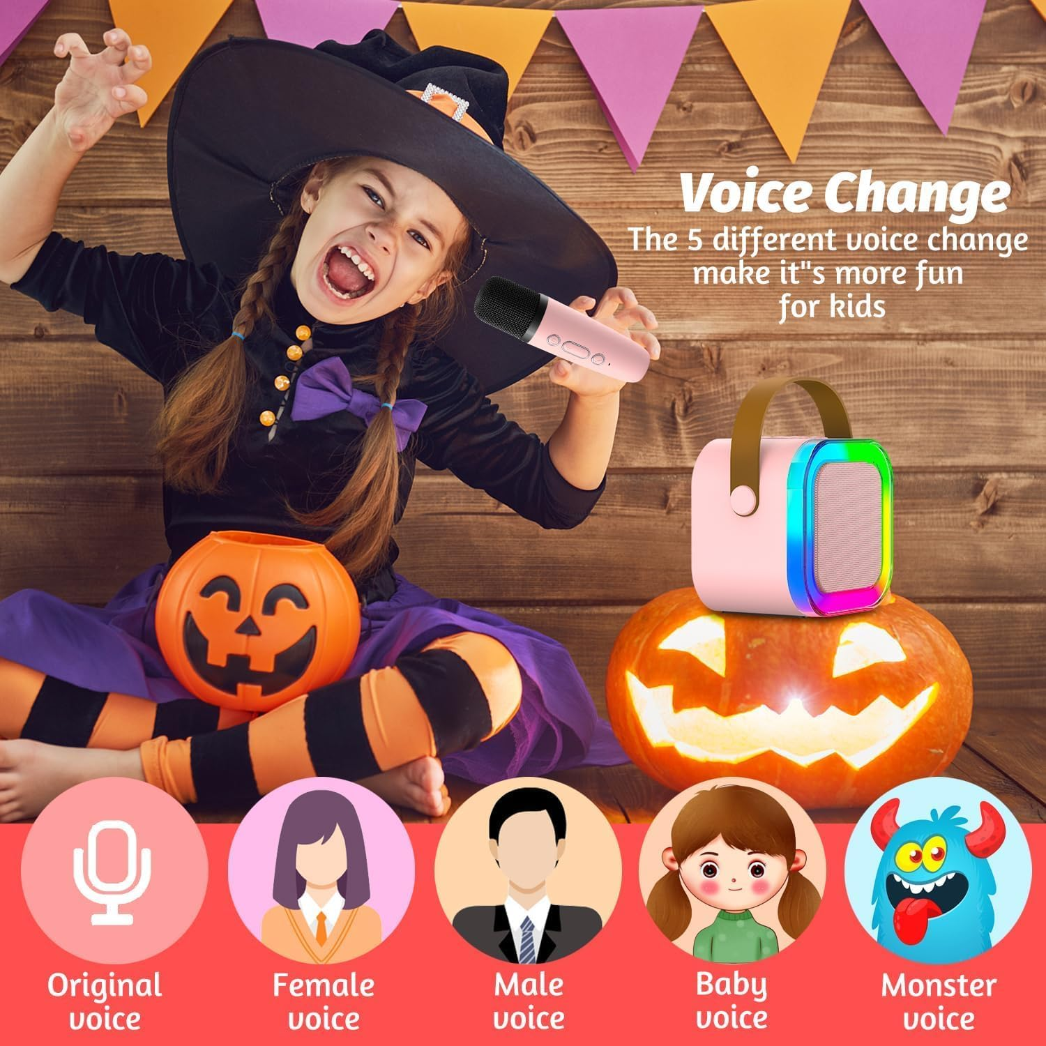 Karaoke Machine for Kids, Mini Portable Bluetooth Karaoke Speaker with 2 Wireless Mics and Led Colorful Lights for Kids Adults, Gifts Toys for Girls Boys Family Home Party (Pink) image number 2