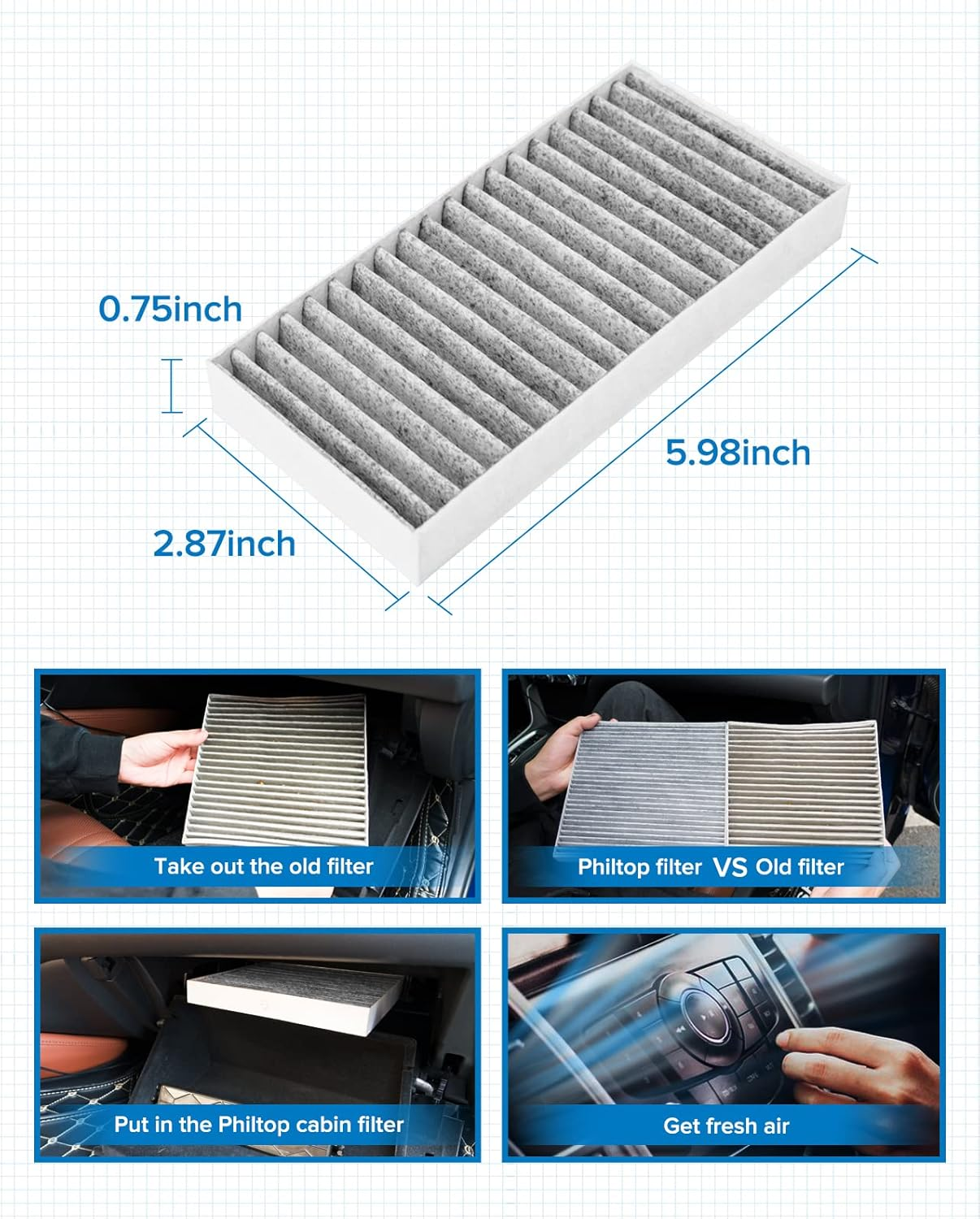 PHILTOP Cabin Air Filter with Activated Carbon, Replacement for ACF043 (CF11777) Wrangler (2011-2018), Wrangler JK (2018), Premium Cabin Filter, Pack of 2 image number 4