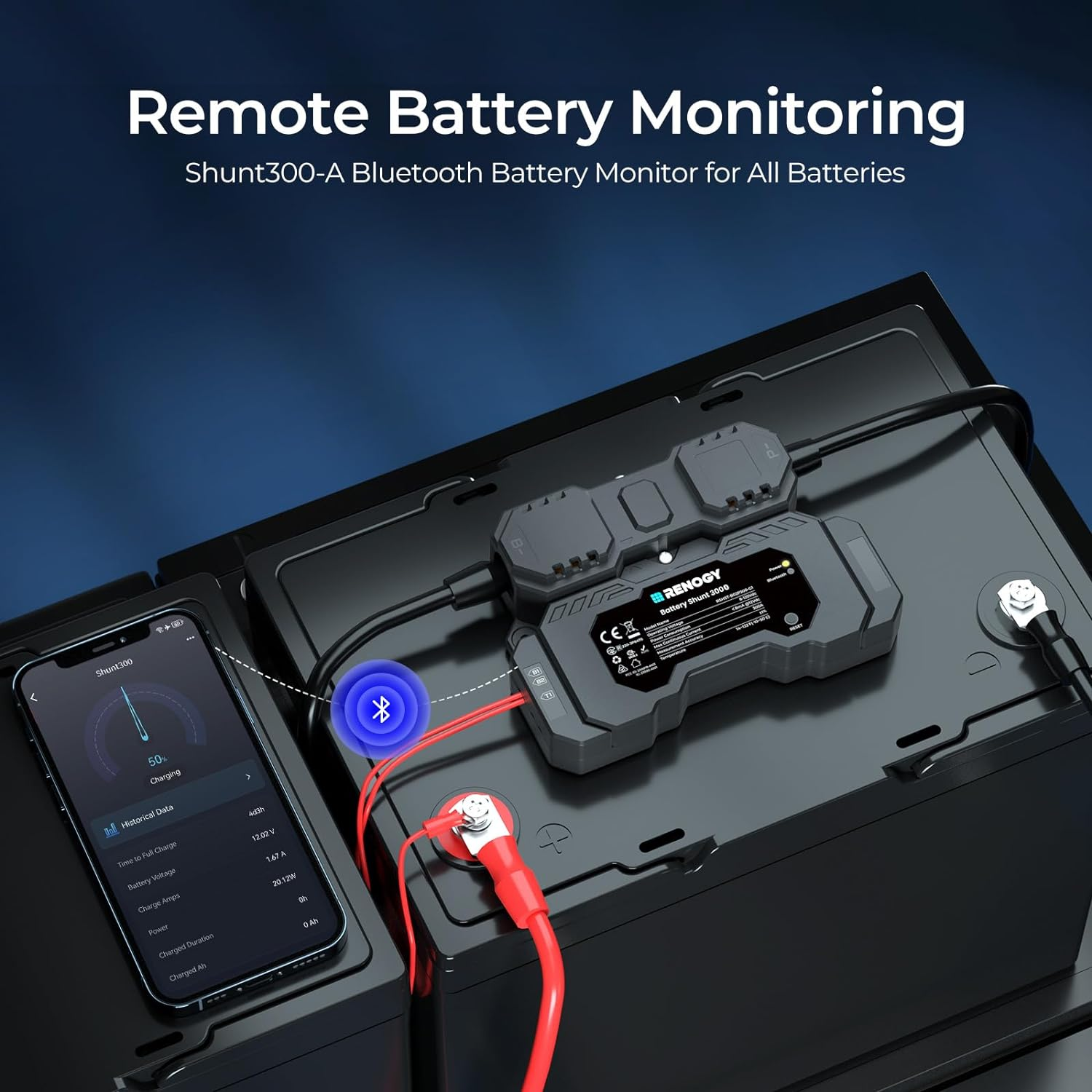 Renogy 300A Battery Shunt, Battery Tester, Bluetooth Battery Monitor, Compatible with Various Batteries:Lead Acid, LFP, Li-Ion, and Ni-Mh. image number 4