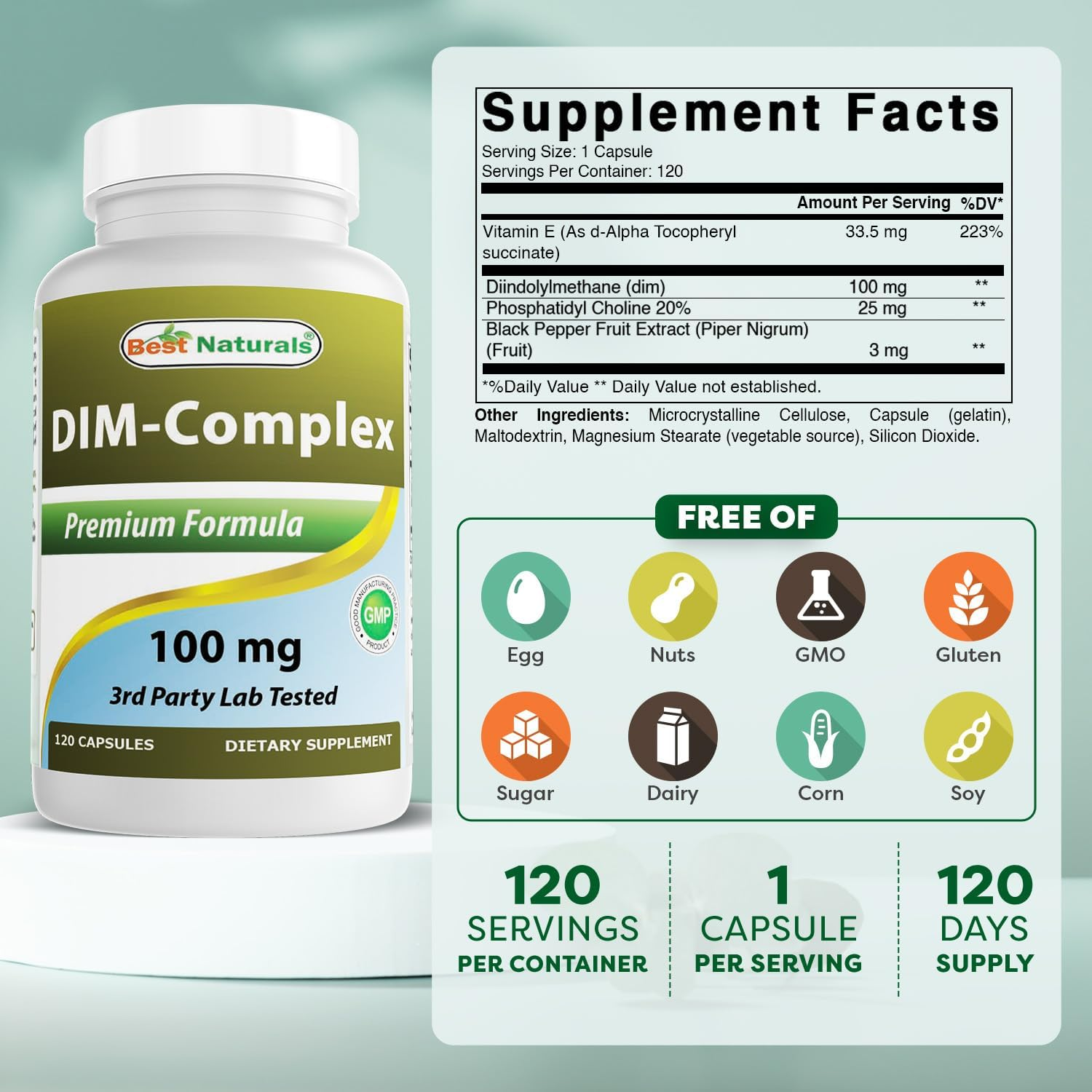 Best Naturals DIM Supplement 100 Mg 120 Capsules, DIM for Estrogen Metabolism & Balance, for Menopause, Body Building, PCOS & Hormonal Acne image number 5