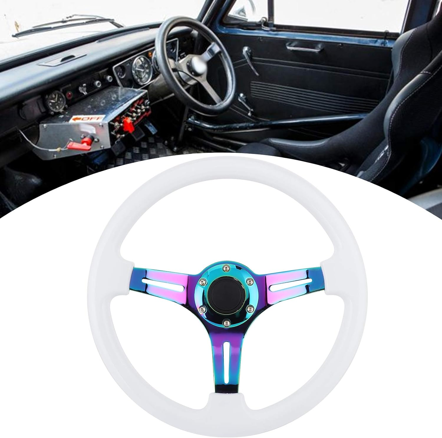 Universal Racing Steering Wheel, 14 Inch 3-Spoke Steering Wheel, 6-Bolt Fashion Colorful Spoke with Speaker Cable, ABS and Steel Spokes Drift Steering Wheel image number 5