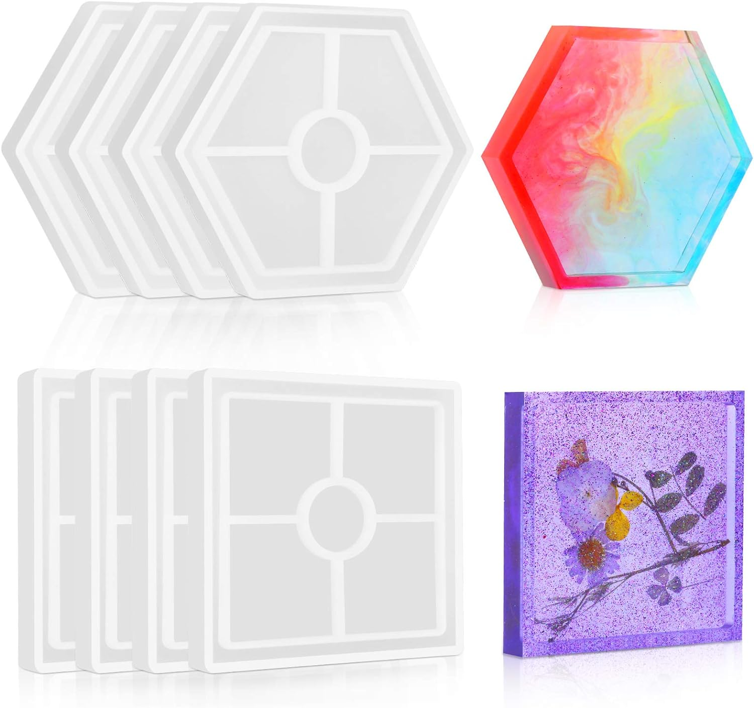 8Pcs Coaster Molds for Resin Casting, Resin Coaster Molds Including 4 Square and 4 Hexagon Epoxy Silicone Molds, Great for Making Coasters image number 3