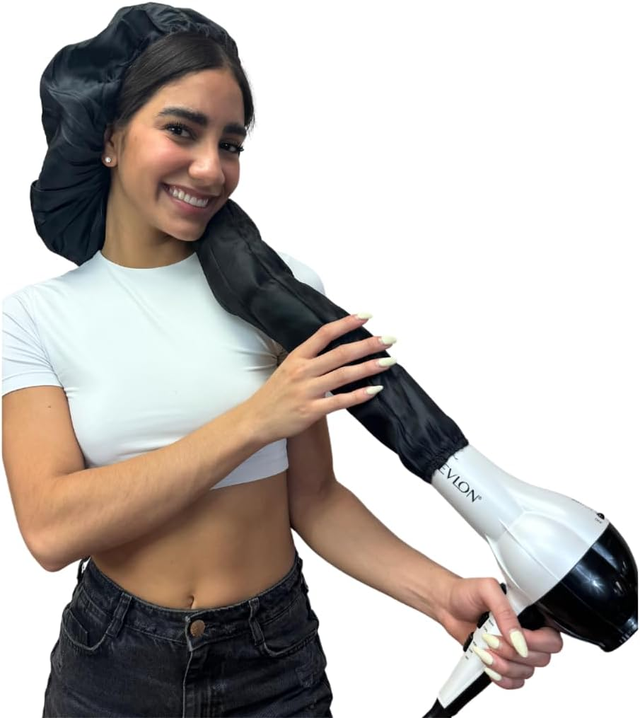 Dompel Black Hooded Hair Dryer, Satin Diffuser Cap | Enhance Hair Drying, Reduce Frizz, Protect Hair, Diffuser Cap Curly |100% Satin Universal Fit for Most Hair Dryers | Elastic Band | SIZE S image number 1