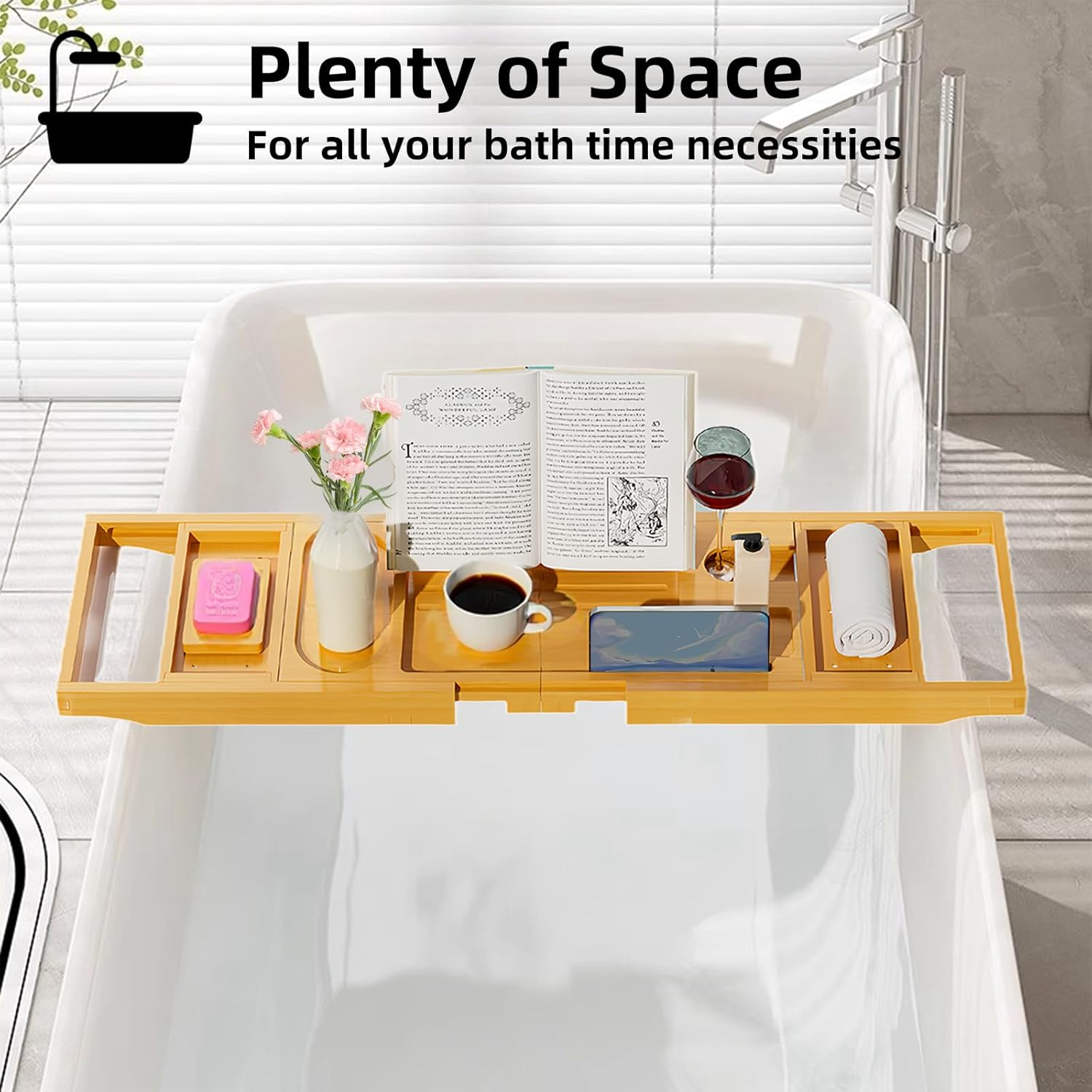 STEUGO Bamboo Expandable Bathtub Tray, Premium Bath Reading Tray for Tub, Books Caddy While Soaking, Tablets & Wine Glasses - Perfect Luxury Gifts for Anniversary and Wedding, Bathroom Accessories image number 1