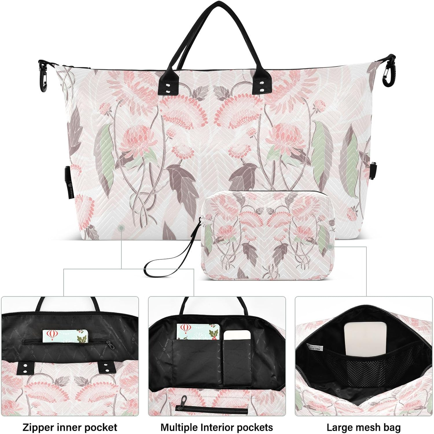 Vintage Peach Flowers Duffel Bags Carry on Bag Workout Bag with Toiletry Bag for Workout Waterproof, Vintage Peach Flowers, 1 Size image number 4