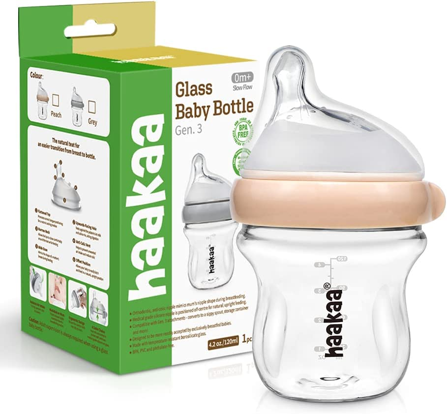 Haakaa Gen.3 Glass Baby Bottle 120Ml, with Anti-Colic Valve, Fast Flow, Mimic Breastfeeding, Temprature Resistant (Grey)&hellip;