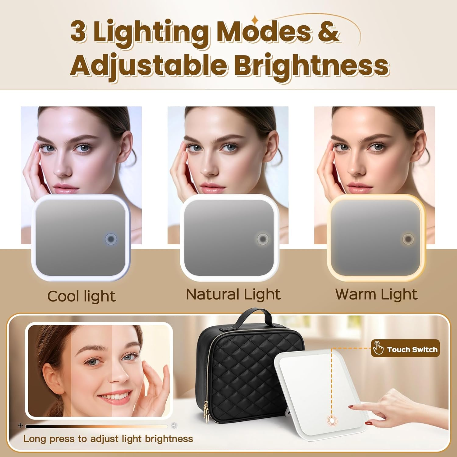 Travel Makeup Bag with LED Mirror, Leather Cosmetic Train Cases with Adjustable Dividers, Makeup Organizer with Makeup Brush Storage Board for Women, Artist and More, Black, Cosmetic image number 3