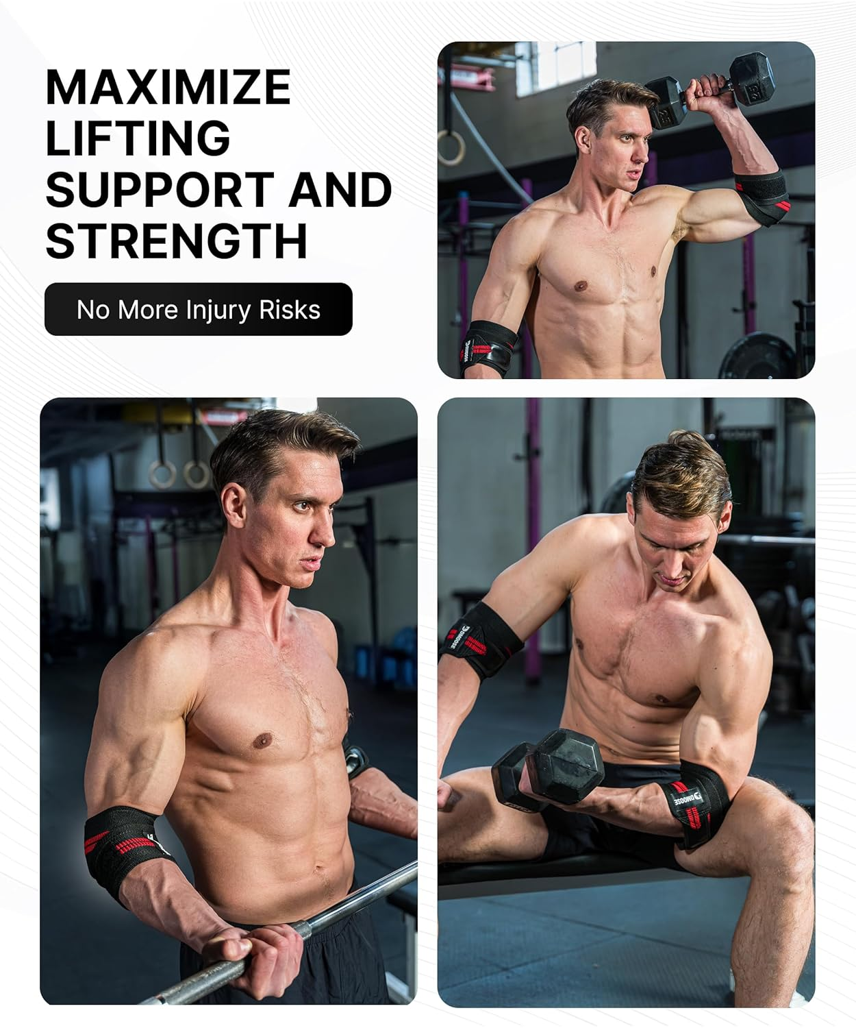 Dmoose Fitness Elbow Wraps for Weightlifting (Pair) 40" Adjustable Brace for Joint Support, Pain Relief & Tendonitis-Elbow Straps for Weight Lifting, Bench Press & Gym Workouts, Band for Men & Women image number 3