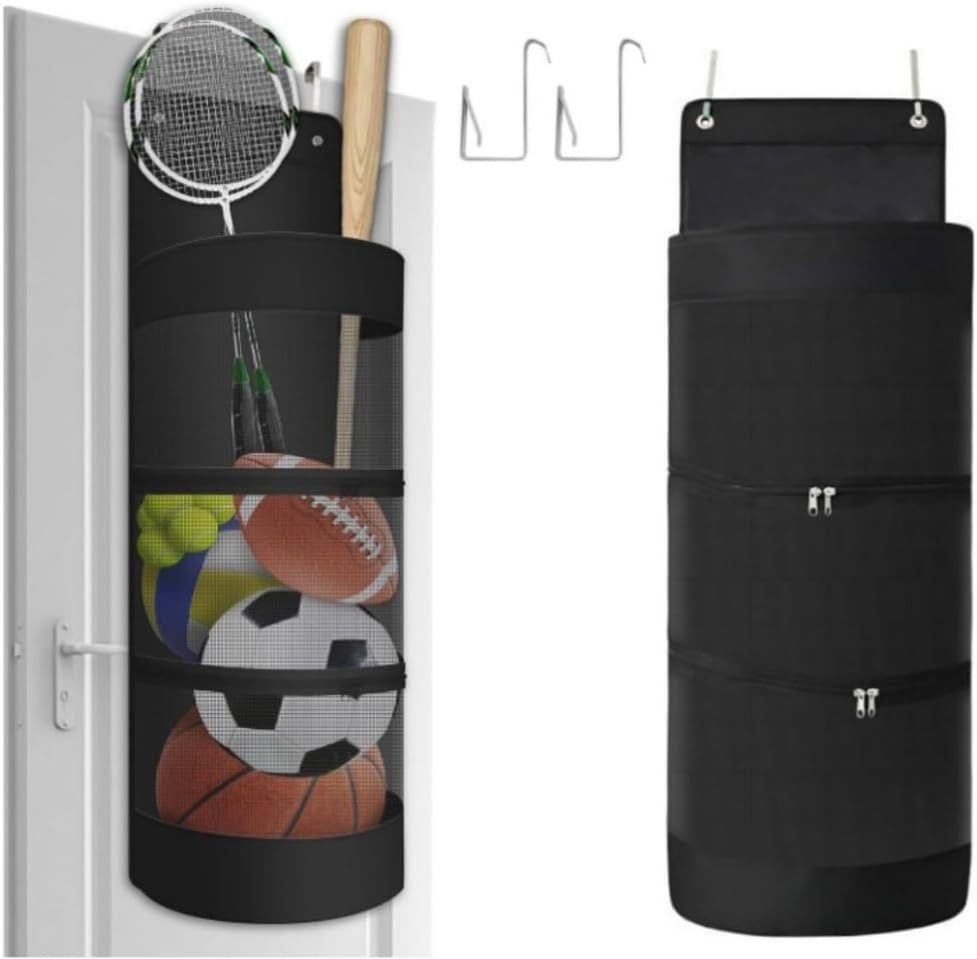 Goxfaca Hanging Organizer, over Door Storage Organizer, Hanging Sports Equipment Organizer, Sports Accessories Hanging Bag for Hold Soccer, Basketball, Football, Volleyball (Black) image number 3