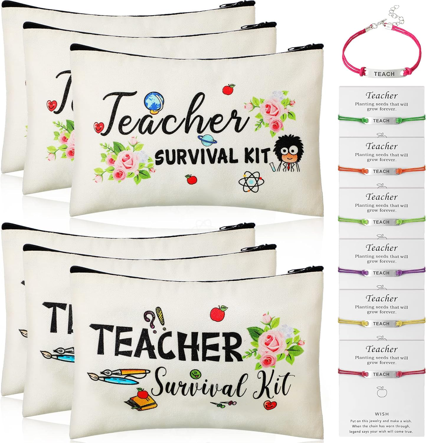 Weewooday 12 Pcs Teacher Appreciation Present Set 6 Teacher Survival Kit Bag Makeup Pouch Pencil Bag, 6 Blessing Card Bracelet Kit(9 X 5.9 Inch,Cute Style) image number 5