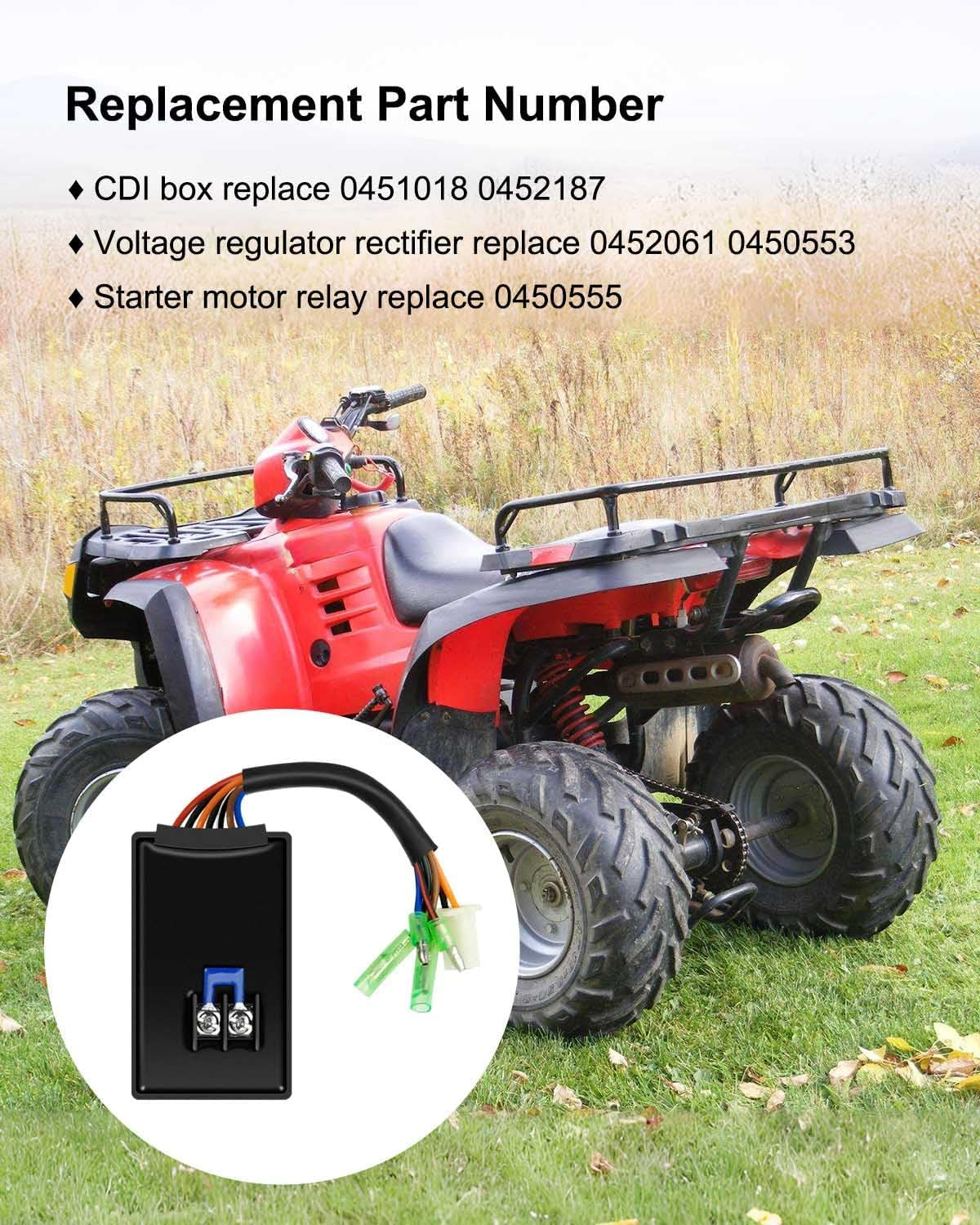 5PCS CDI Box Ignition Coil Kit Fit for Polaris Sportsman 90 Scrambler 90 50 Predator 50 90 2001-2007 with Voltage Regulator Rectifier Spark Plug & Starter Relay Solenoid Replace 0451018 0452187 image number 4