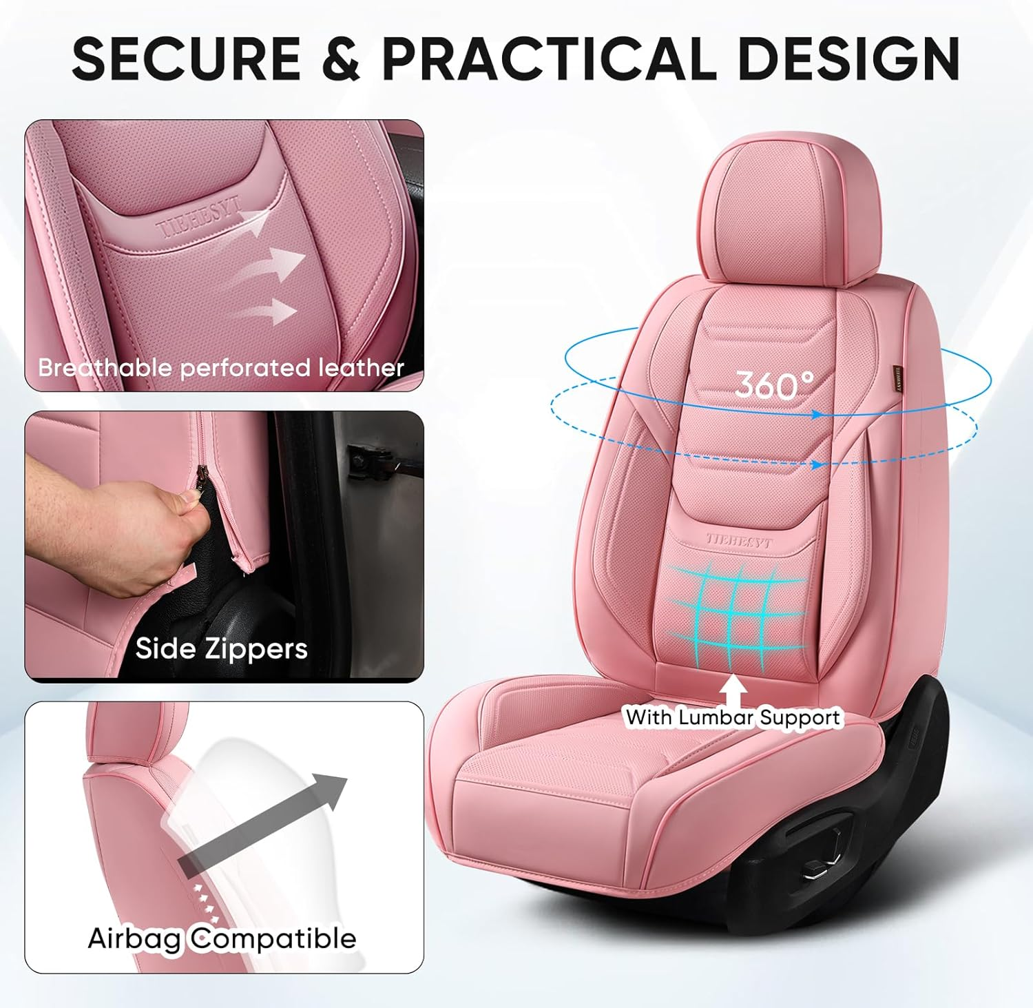 TIEHESYT Pink Car Seat Covers Front Pair, Breathable Leather Automotive Front Seat Covers & Headrest, Auto Seat Cover, Compatible with Most Cars Sedans SUV Pickup Trucks image number 5