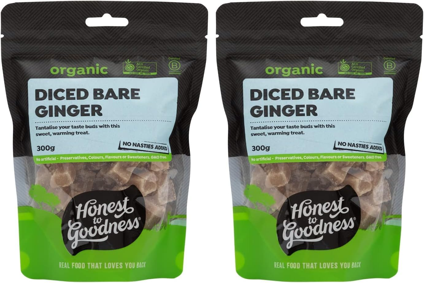 Honest to Goodness, Organic Diced Bare Ginger, 300 G - Sweet, Peppery and Warming. Simply Diced and Steeped in Cane Sugar. Perfect Snack or Baking Ingredient. image number 1