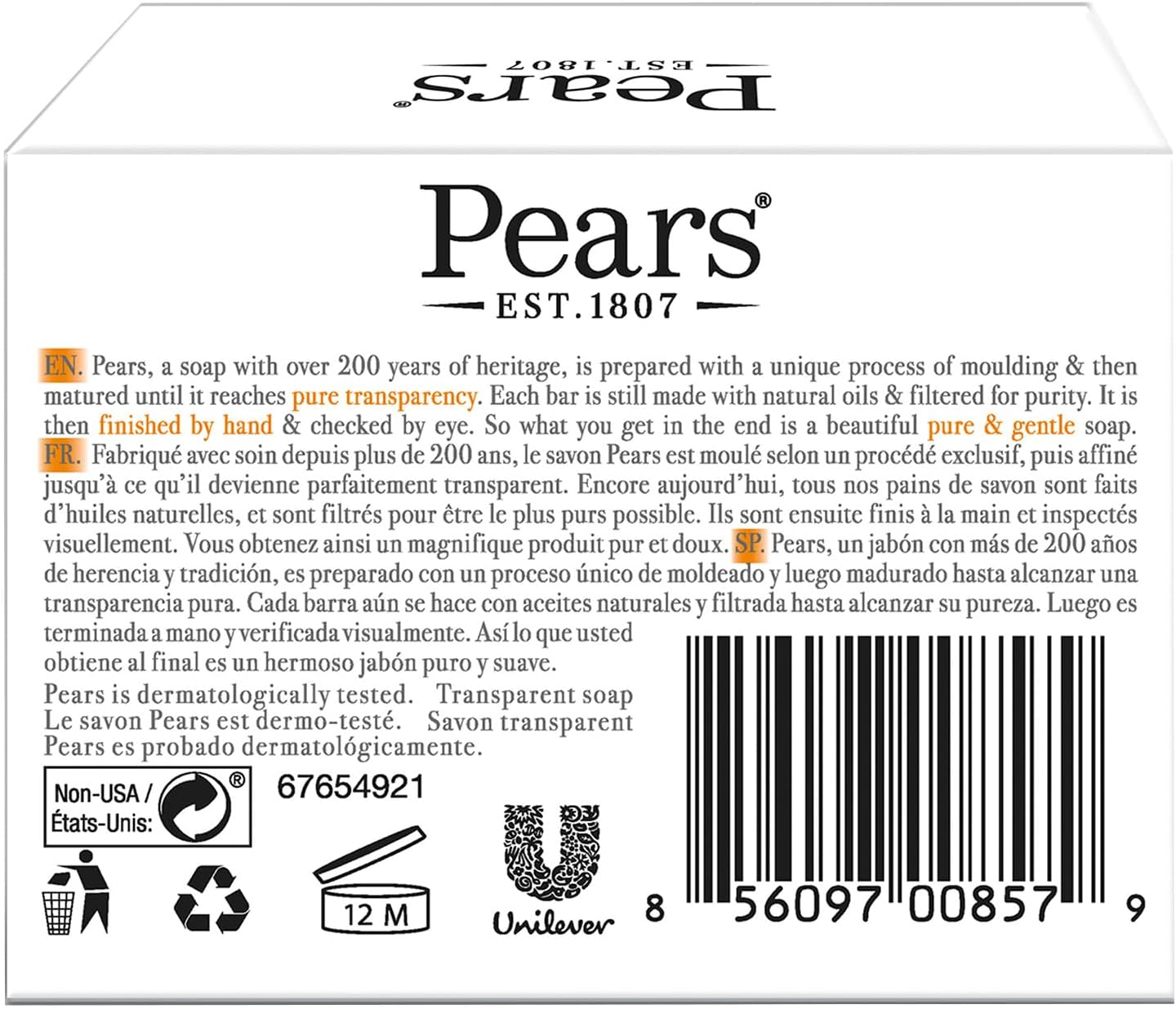 Pears Original Transparent Soap 4.4 Oz, 24 Count 125G X 24 Original Transparent Soap image number 3