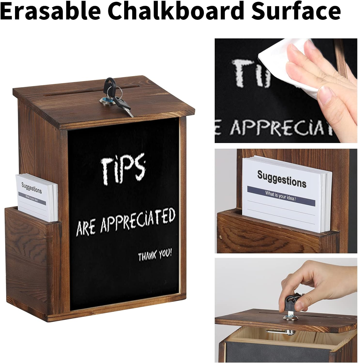 Lockable Suggestion Box: Wooden Charity Donation Boxes Wall Mounted Comment Ballot Box with Secure Lock Card Holder and Writing Blackboard