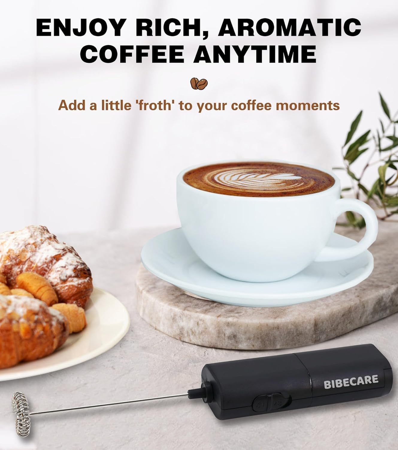 BIBECARE Milk Frother Handheld Powerful Mixer Mini Hand Blender for Perfect Lattes, Cappuccinos More-Portable Stainless Steel Whisk, Ideal for Frappe, Hot Chocolate, Coffee Creamer&Matcha(Black)