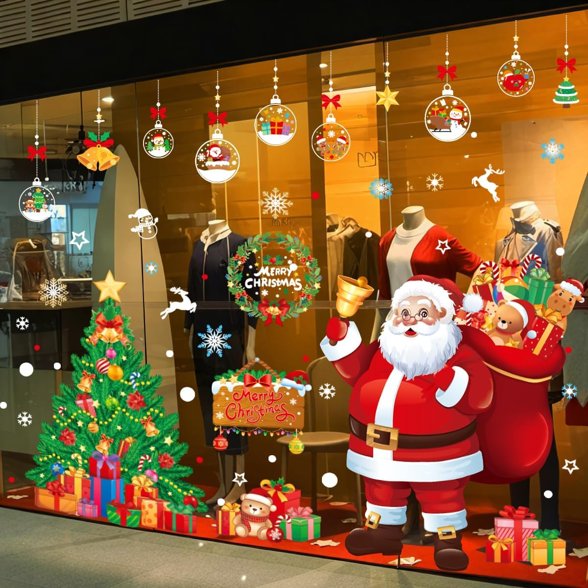 Christmas Decorations Window Clings Large Santa Claus Xmas Tree Snowflake Double Side Decals Ornament Display Window Wall Door Decor Reusable DIY Static Stickers image number 2