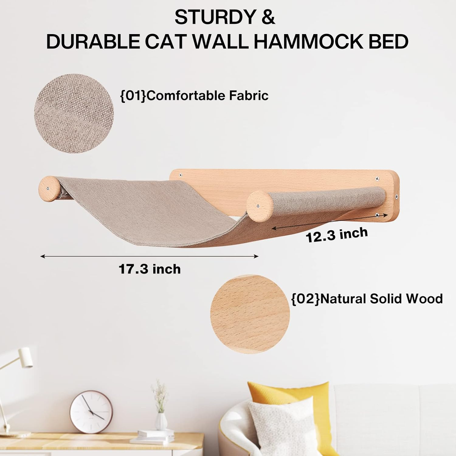 Purife Cat Hammocks Wall Mounted for Indoor Cats - Wooden Floating Cat Shelves and Perches for Wall, Kitty Wall Beds & Furniture, Sturdy Soft Hammock Beds for Climbing, Playing, Sleeping, Lounging image number 3
